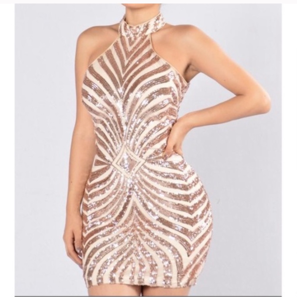 Fashion Nova Mini Bodycon Rose Gold Sequin Dress